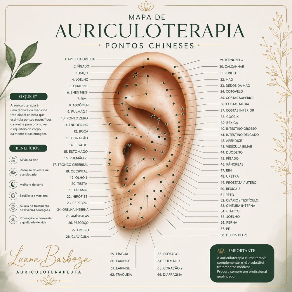 Mapa de Auriculoterapia — 66 pontos chineses mapeados na orelha, por Luana Barboza